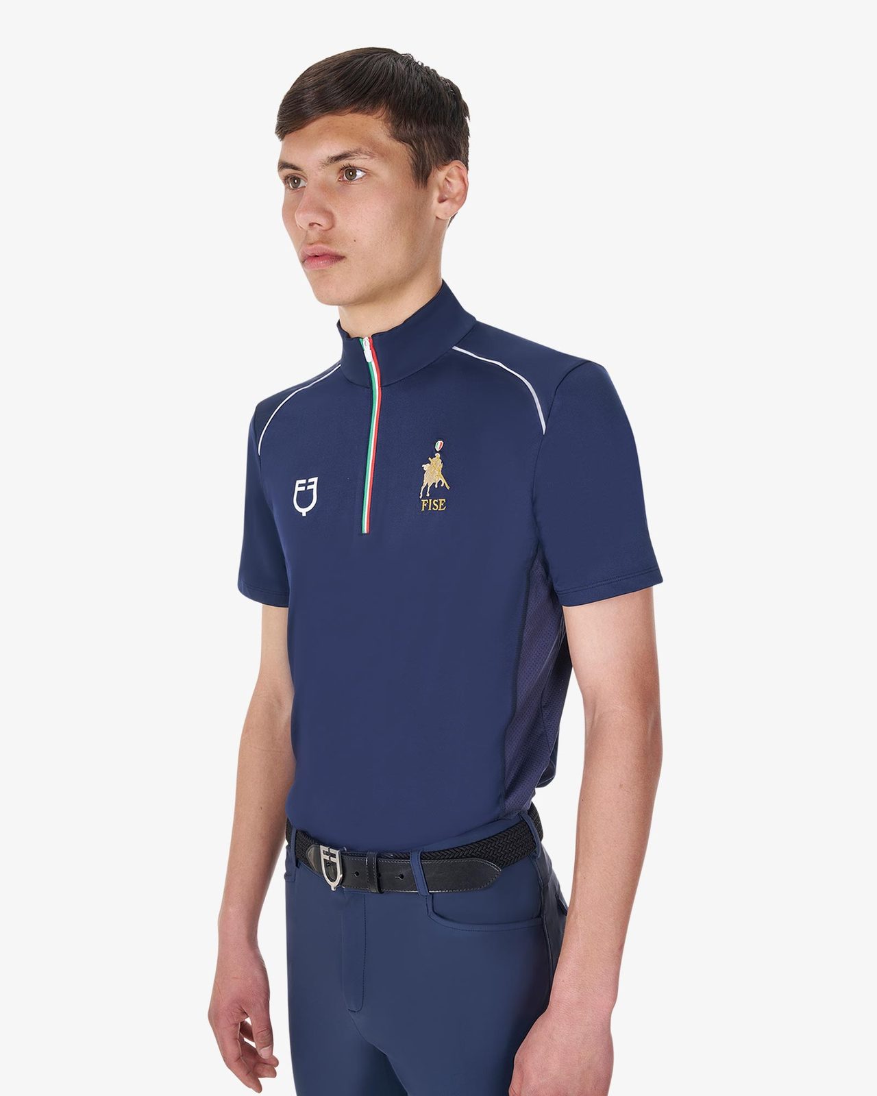 Men's training polo shirt with Italian flag zip Equestro X FISE