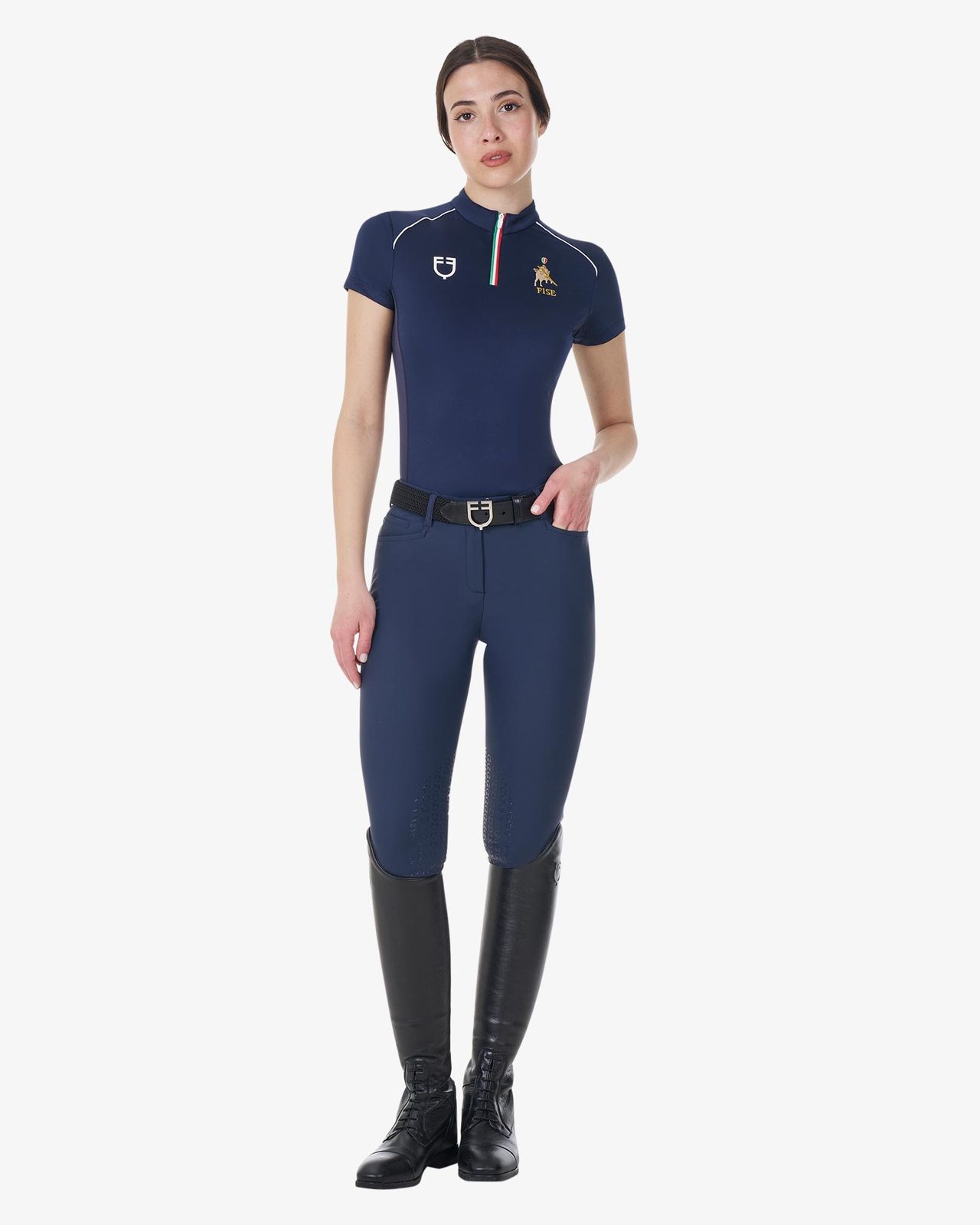 Women's training polo shirt with Italian flag zip Equestro X FISE