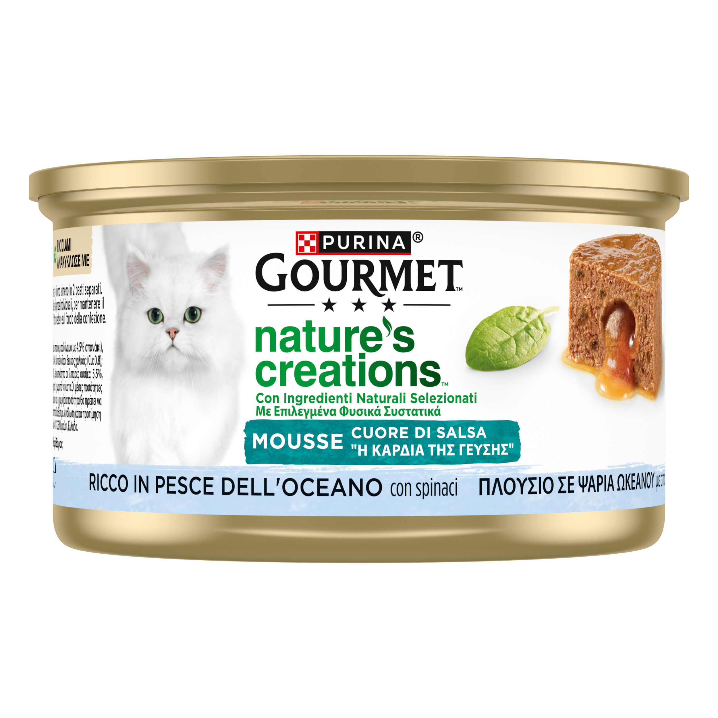Gourmet Nature's Creations, Ricco in Pesce dell'oceano, guarnito con spinaci e riso

