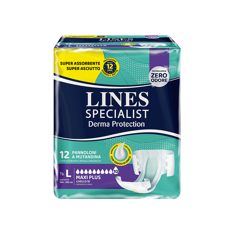 Acquista online Lines Specialist Derma Protection  Pannolone a Mutandina Maxi Plus | Linea prodotto Alte per uomo e donna. Lines Specialist, prodotti per perdite di urina Pannoloni A Mutandina Derma Protection  Unisex Maxi Plus