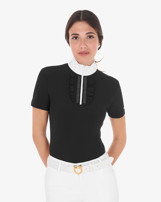Women's slim fit competition polo shirt with ruffles and rhinestones