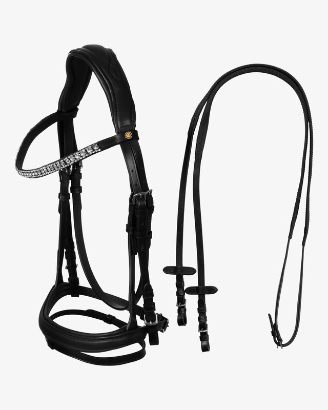 Black leather anatomical bridle with rhinestones