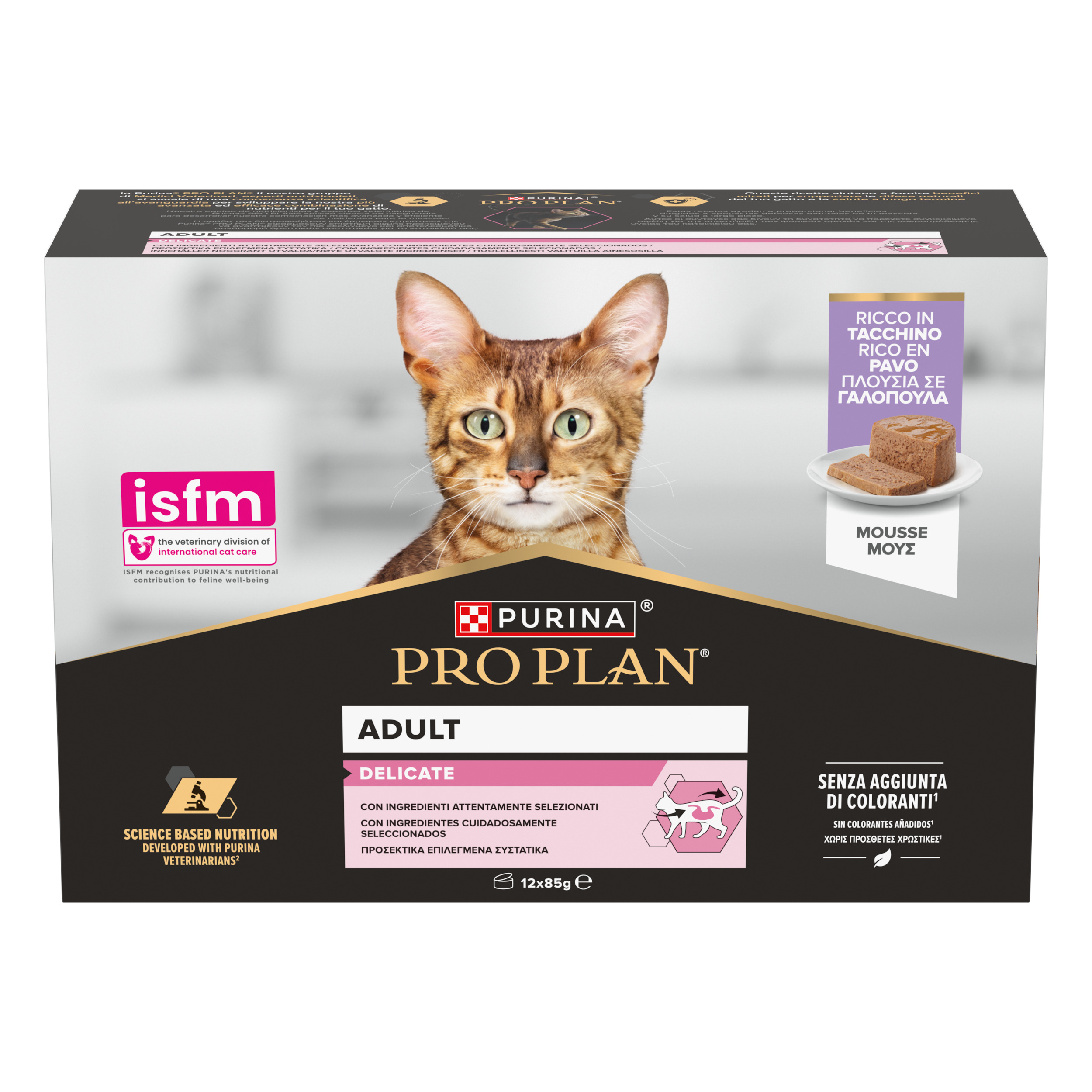 PURINA® PRO PLAN® DELICATE Mousse, ricco in tacchino con ingredienti attentamente selezionati