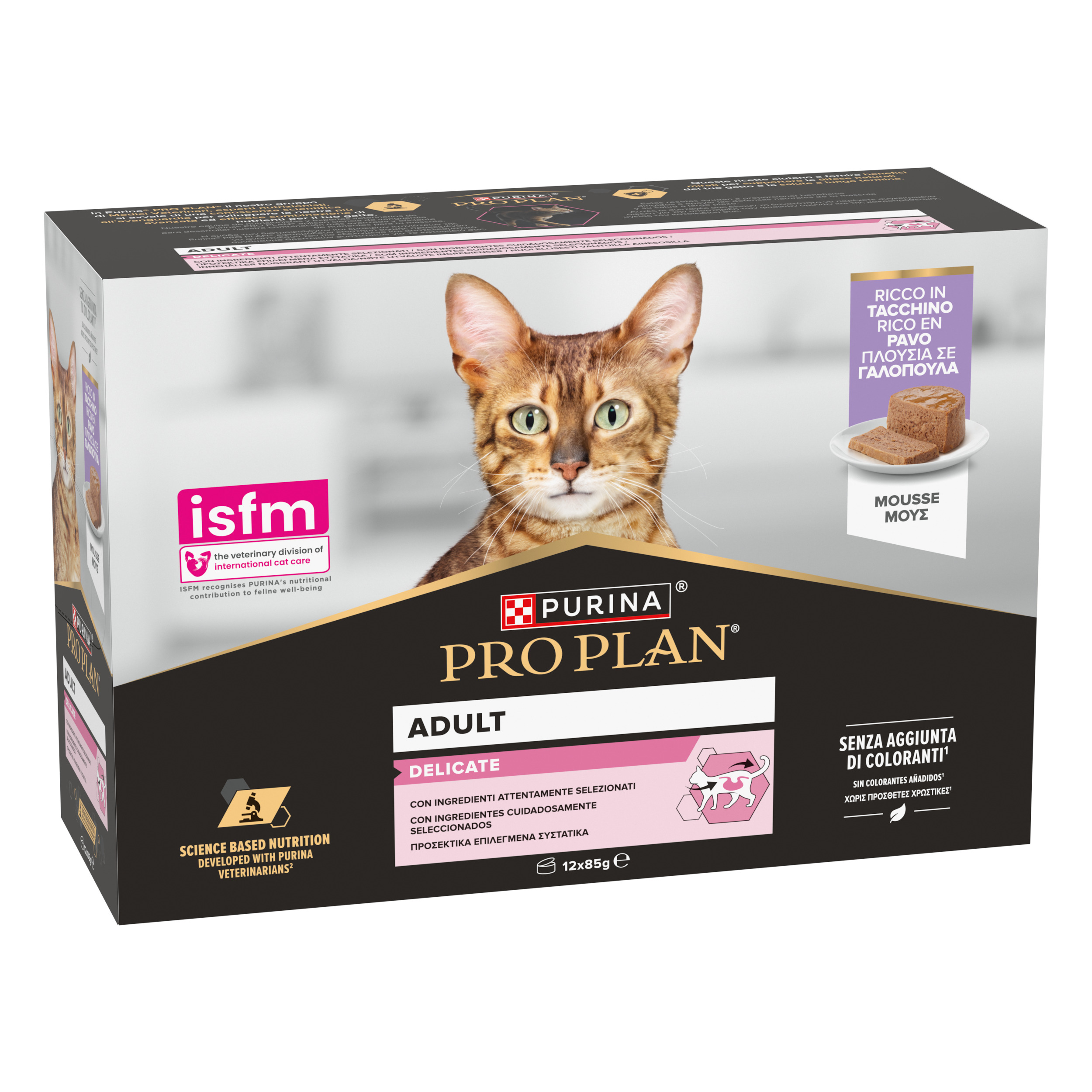 PURINA® PRO PLAN® DELICATE Mousse, ricco in tacchino con ingredienti attentamente selezionati