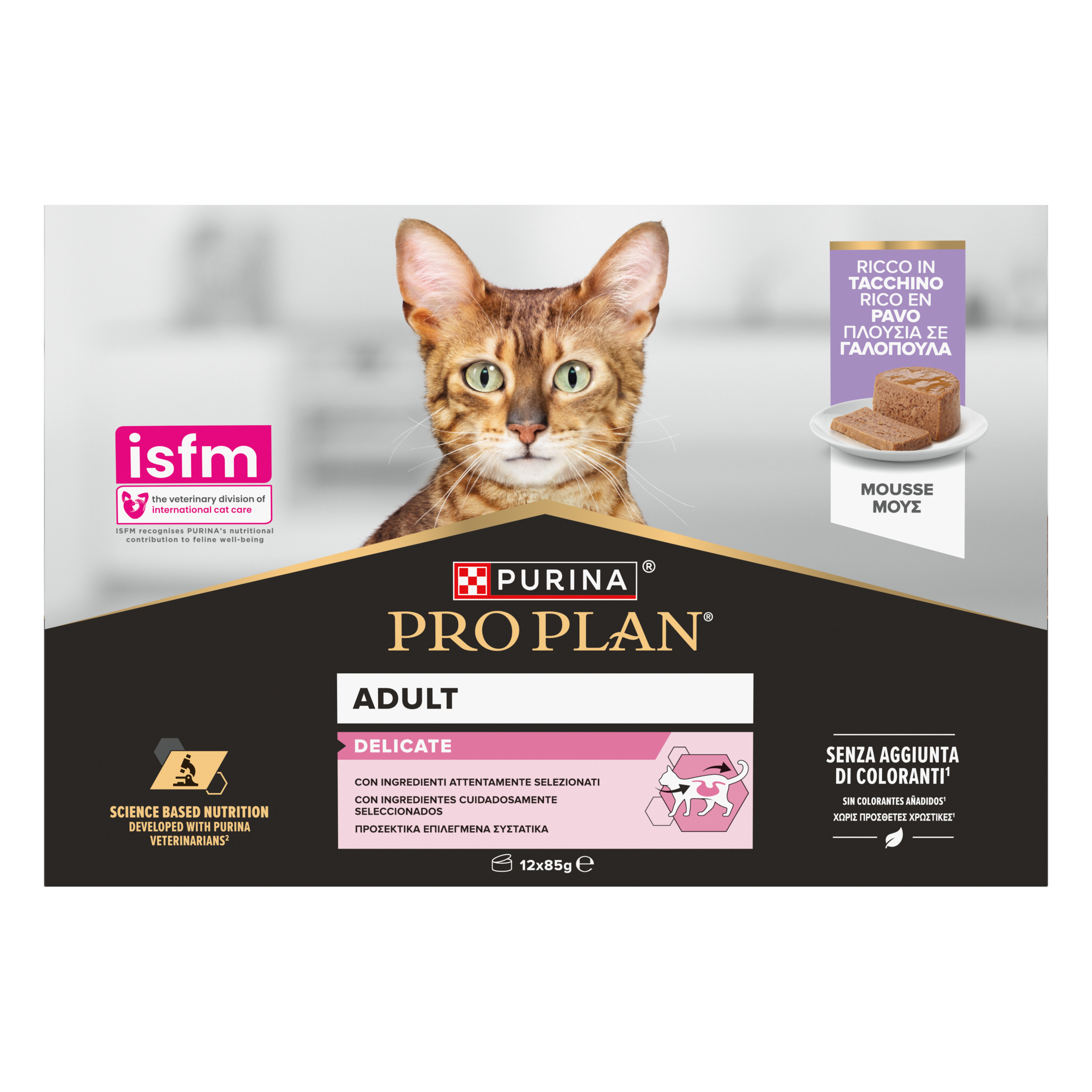 PURINA® PRO PLAN® DELICATE Mousse, ricco in tacchino con ingredienti attentamente selezionati
