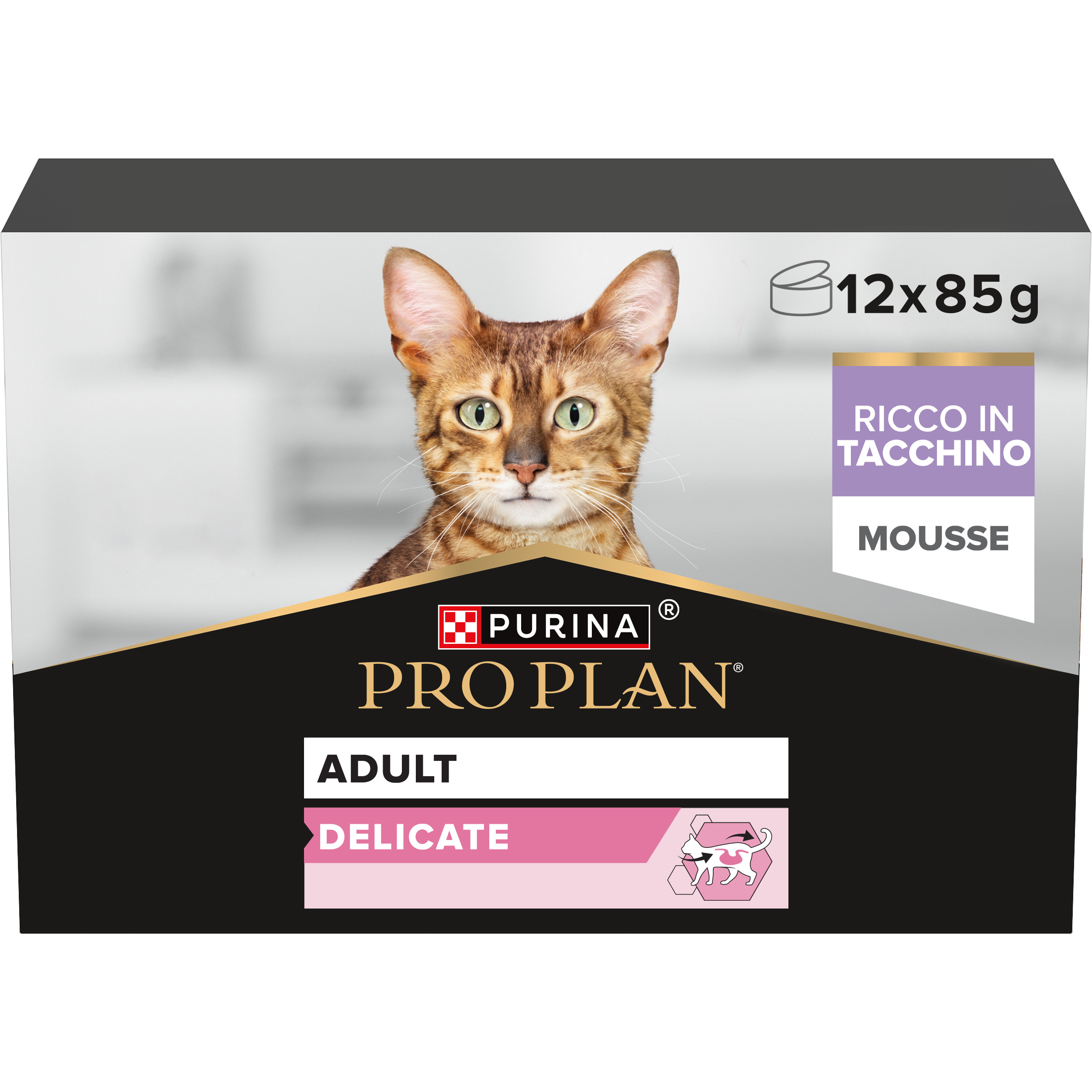 PURINA® PRO PLAN® DELICATE Mousse, ricco in tacchino con ingredienti attentamente selezionati