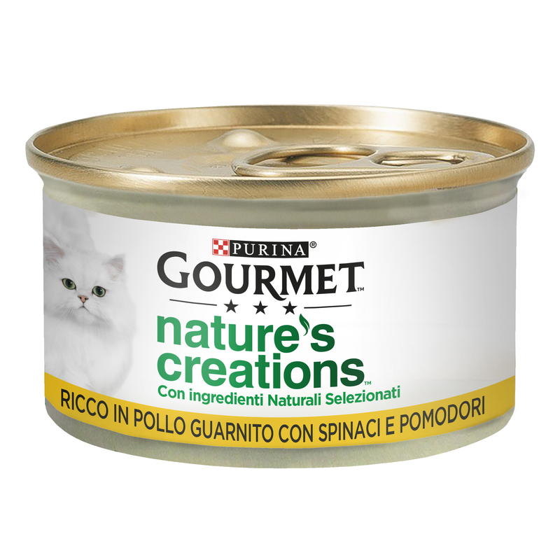 Gourmet Nature's Creations, Ricco in Pollo, guarnito con spinaci e pomodori - Purina Shop 85g