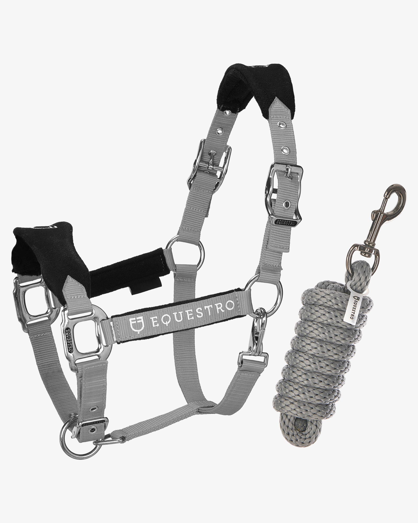 Halter with double adjustment and lead rope