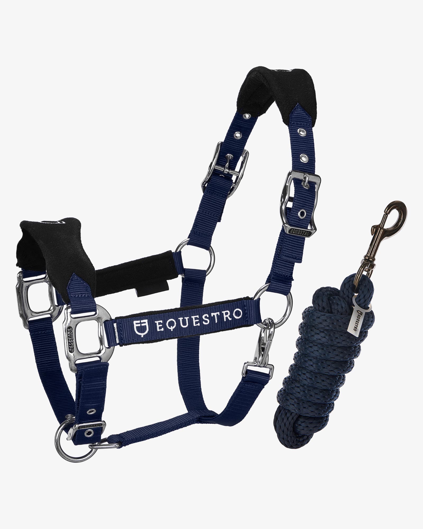 Halter with double adjustment and lead rope