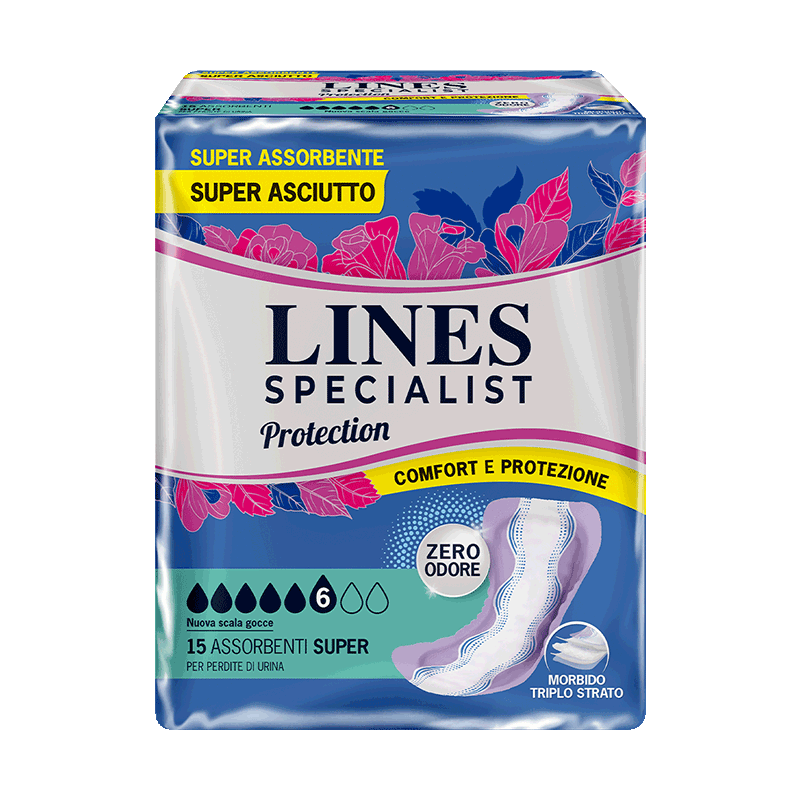 Acquista online Lines Specialist Protection Super | Linea prodotto Leggere e Medie per donna. Lines Specialist, prodotti per perdite di urina Assorbenti Femminili Protection Super 