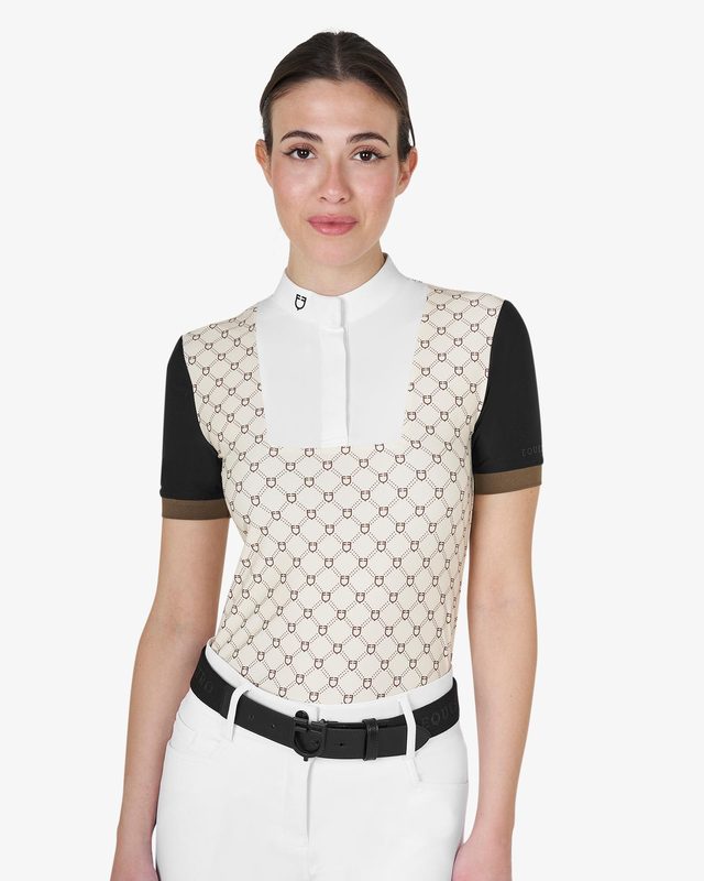 Women's short-sleeved competition polo shirt with monogram print