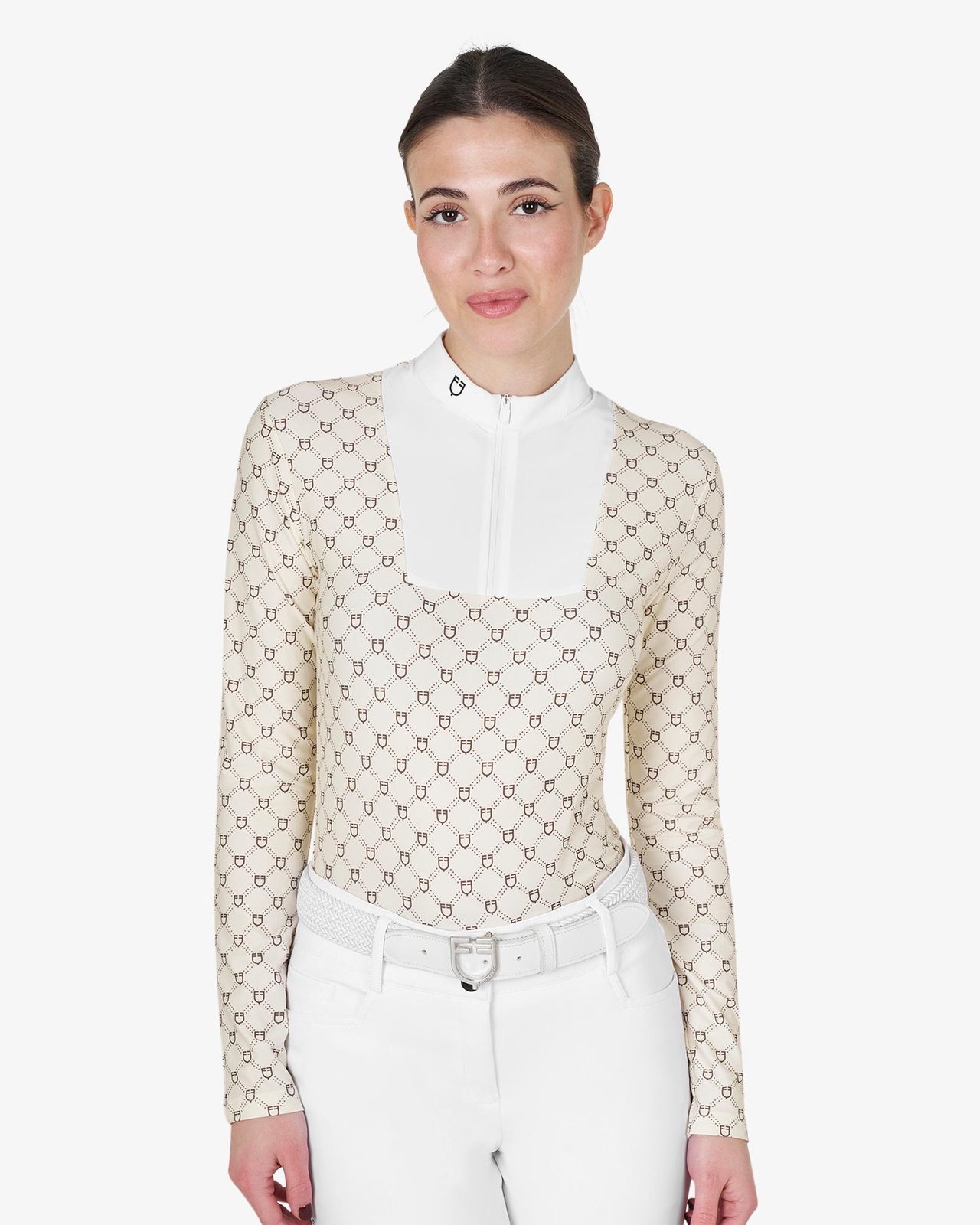 Polo donna da concorso a manica lunga con stampa monogram