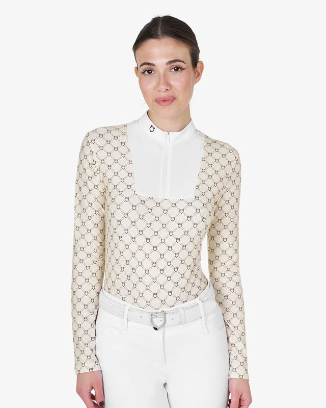 Women's long-sleeved competition polo shirt with monogram print
