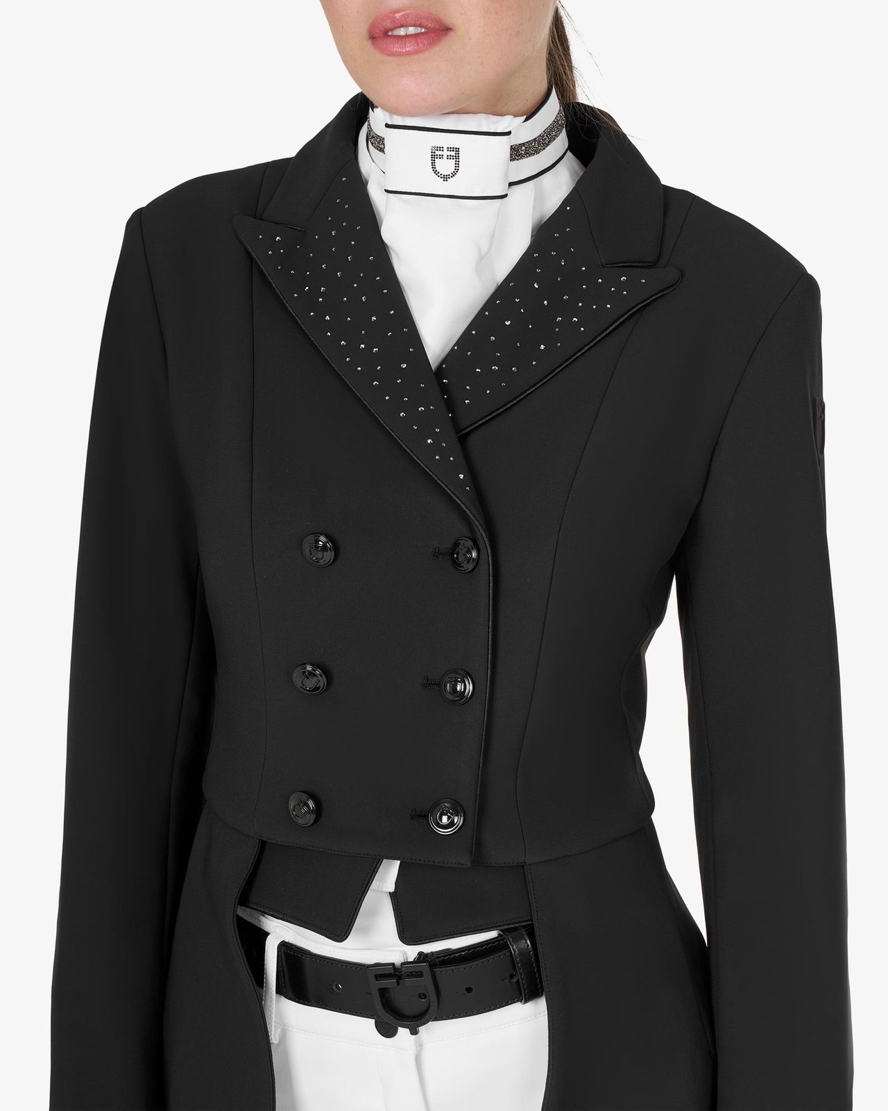 Women's tailocoat in technical fabric with rhinestones