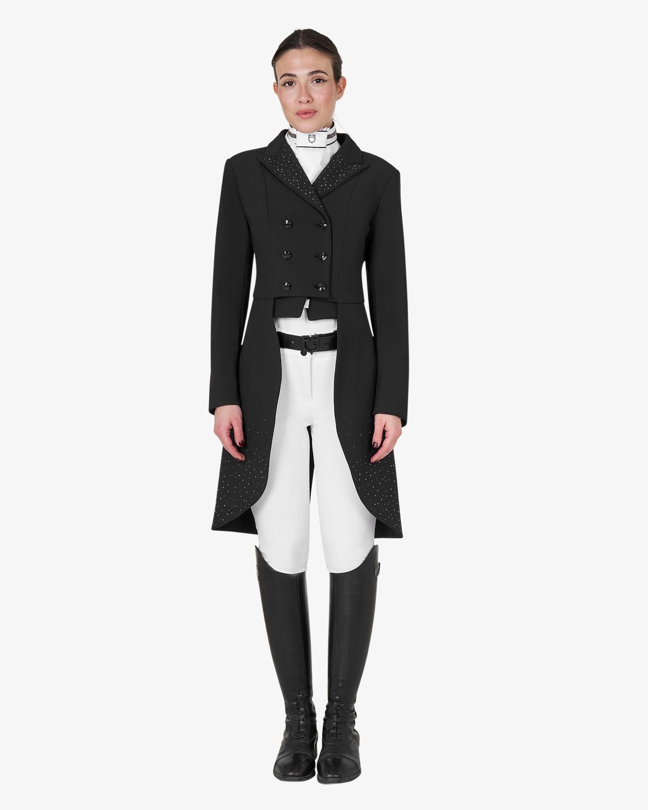 Women's tailocoat in technical fabric with rhinestones