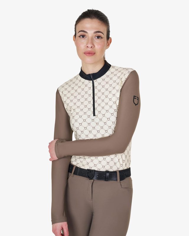 Women's long-sleeved training polo shirt with monogram print