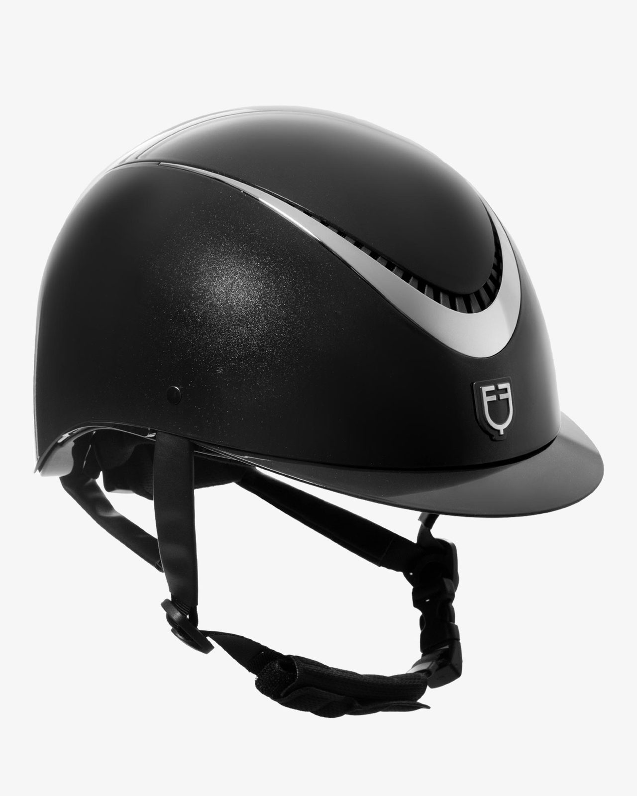 Glossy helmet with eco-leather strap and narrow visor homologation EN 1384-2023
