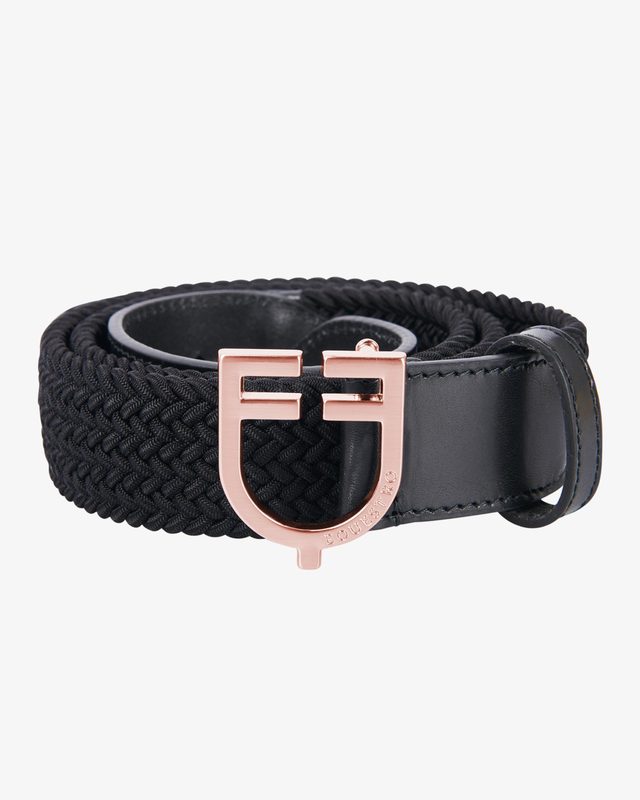 Leather elastic belt with rosegold logoed buckle