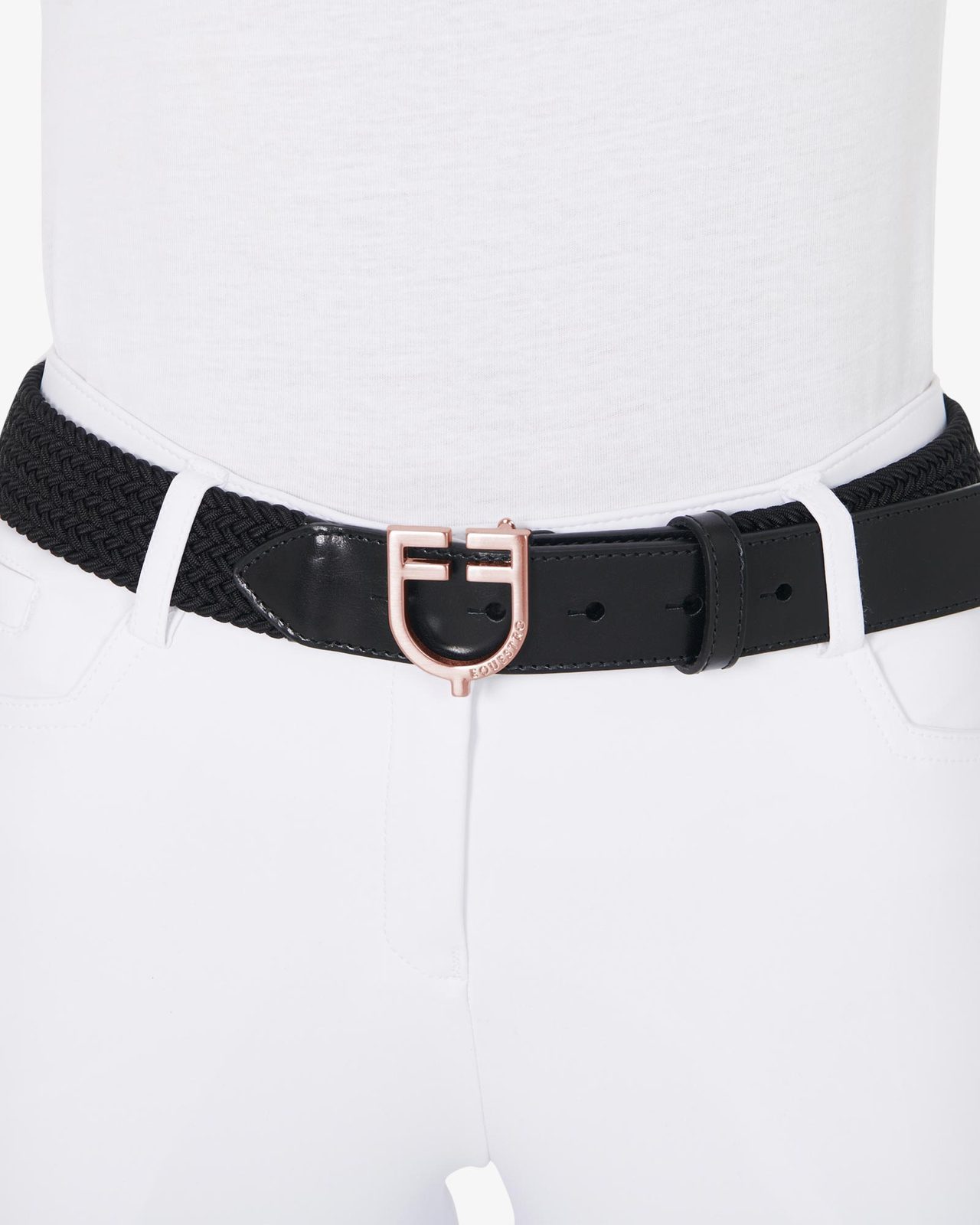 Leather elastic belt with rosegold logoed buckle