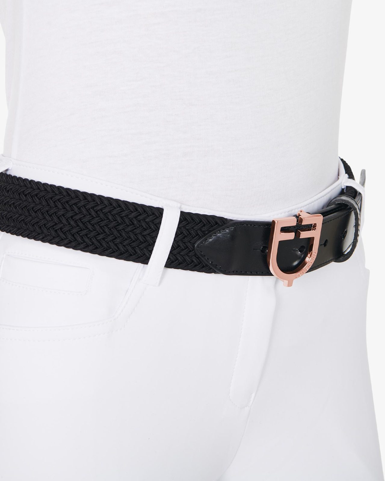 Leather elastic belt with rosegold logoed buckle