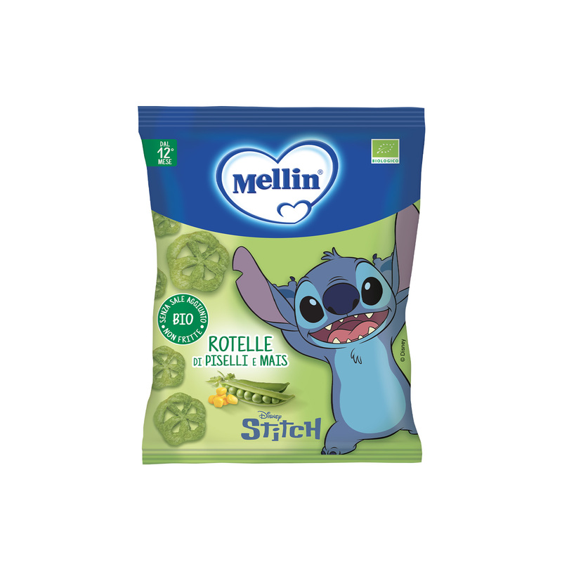 Mellin – Rotelle Piselli e Mais Biologiche Disney Stitch confezione da 20 g
