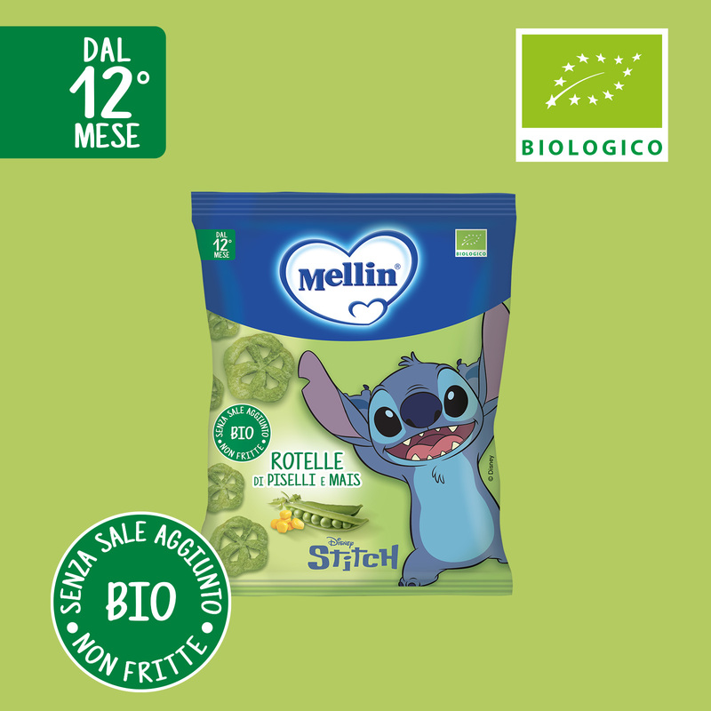 Mellin – Rotelle Piselli e Mais Biologiche Disney Stitch confezione da 20 g
