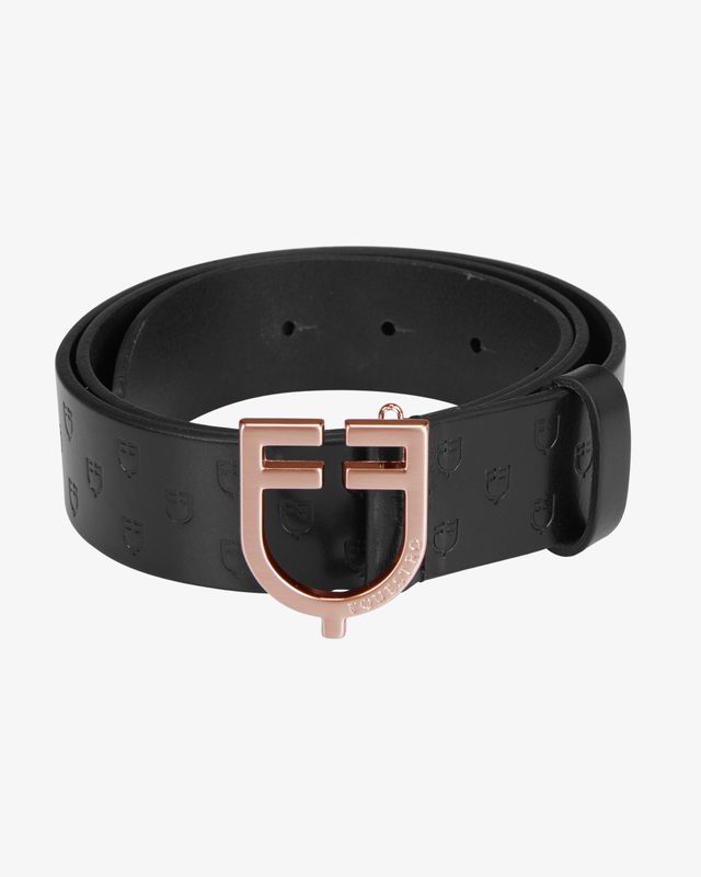 Black leather belt with logo and rose gold buckle