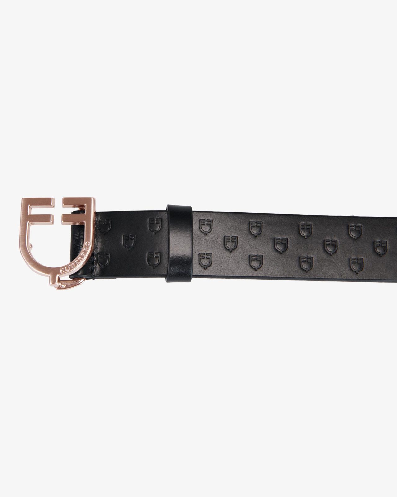 Black leather belt with logo and rose gold buckle
