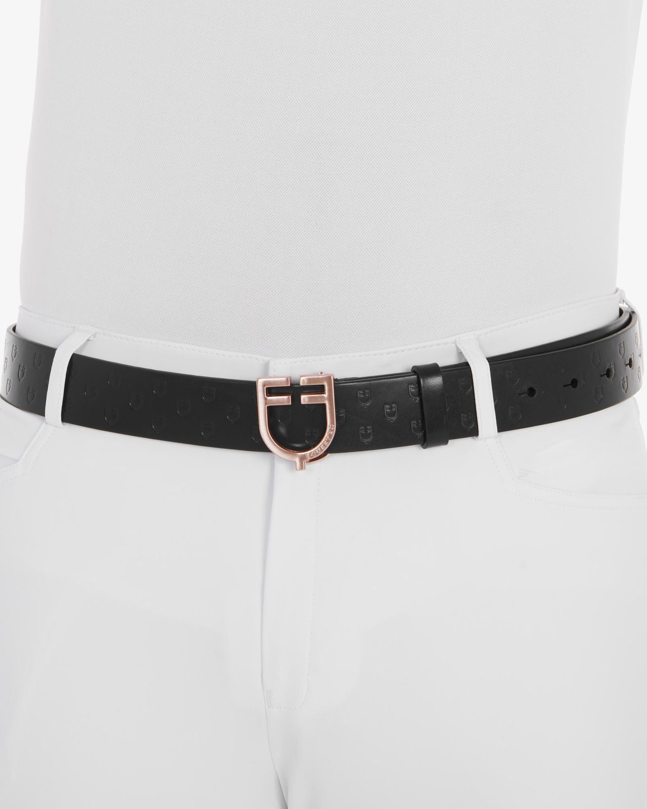 Black leather belt with logo and rose gold buckle