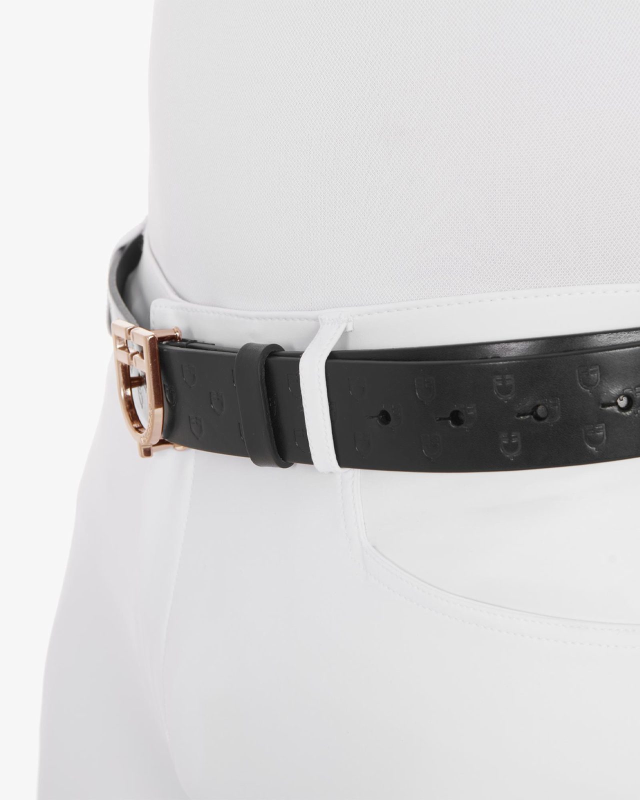 Black leather belt with logo and rose gold buckle