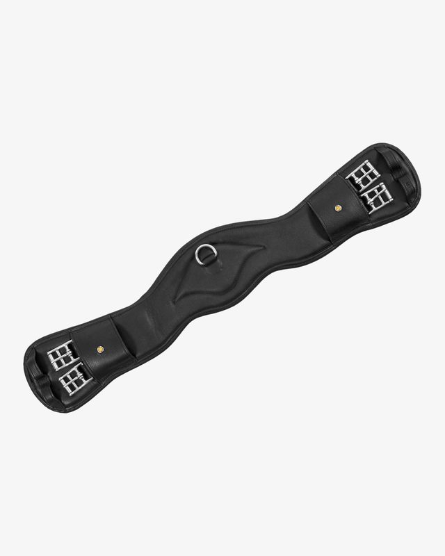 Shaped leather dressage girth with logo pin