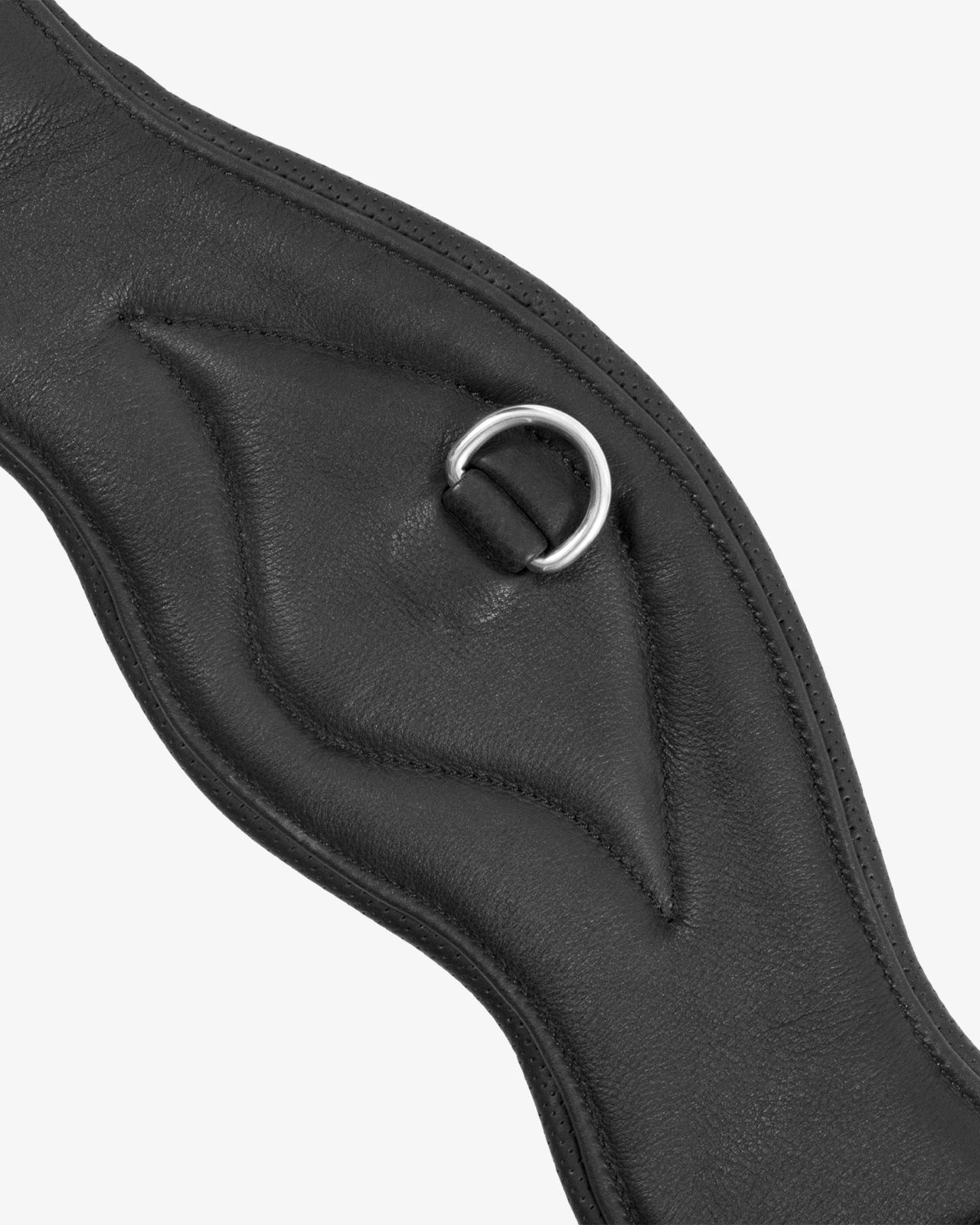 Shaped leather dressage girth with logo pin