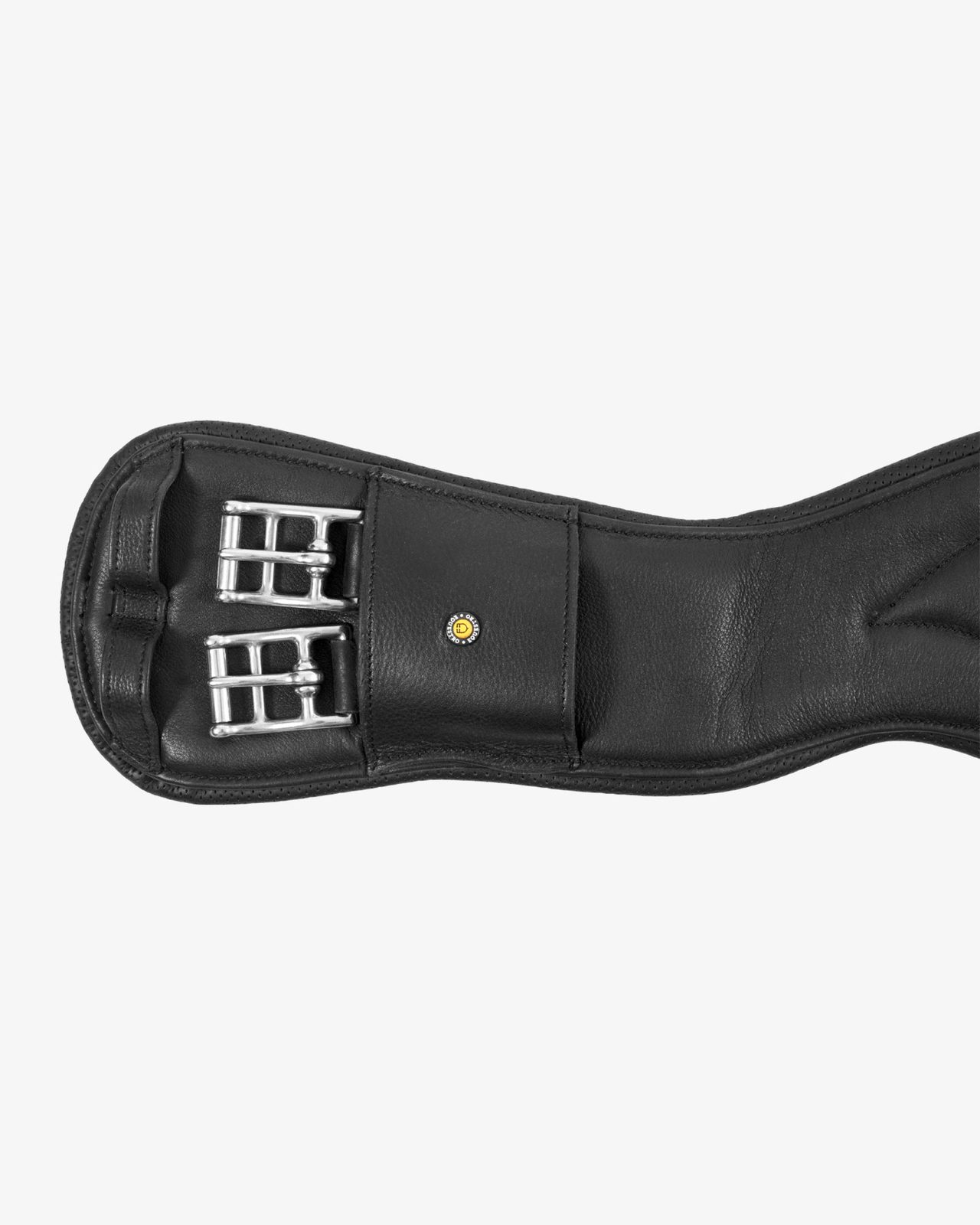 Shaped leather dressage girth with logo pin