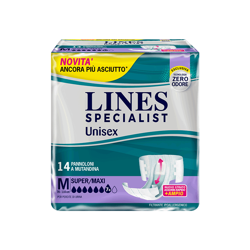 Acquista online Lines Specialist Pannolone a Mutandina Super/Maxi | Linea di prodotti per perdite urinarie abbondanti, sia per uomo che per donna. Mutandine Pants Unisex Super/Maxi