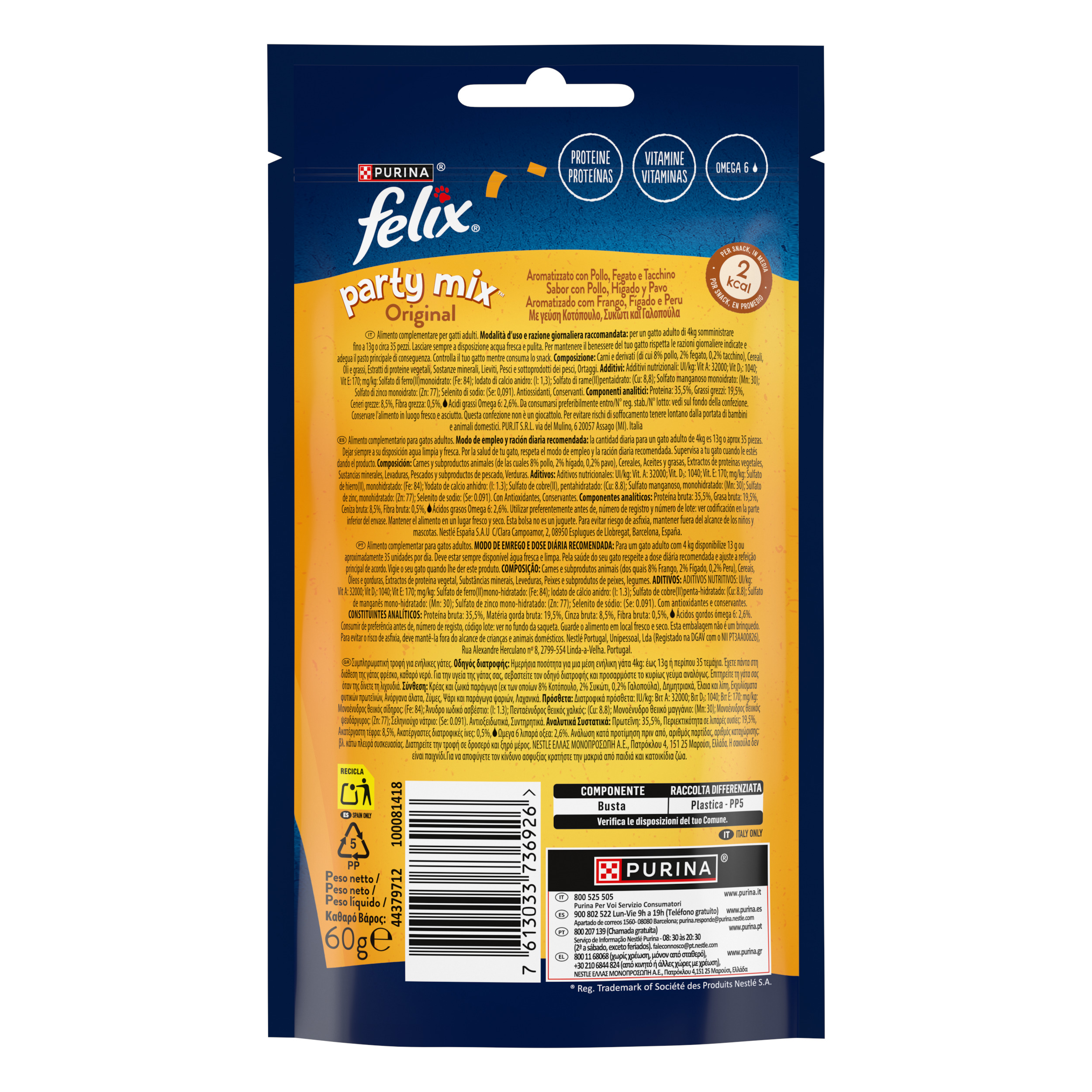 FELIX® Party Mix Gatto Snack Original Mix Aromatizzato con Pollo, Fegato e Tacchino