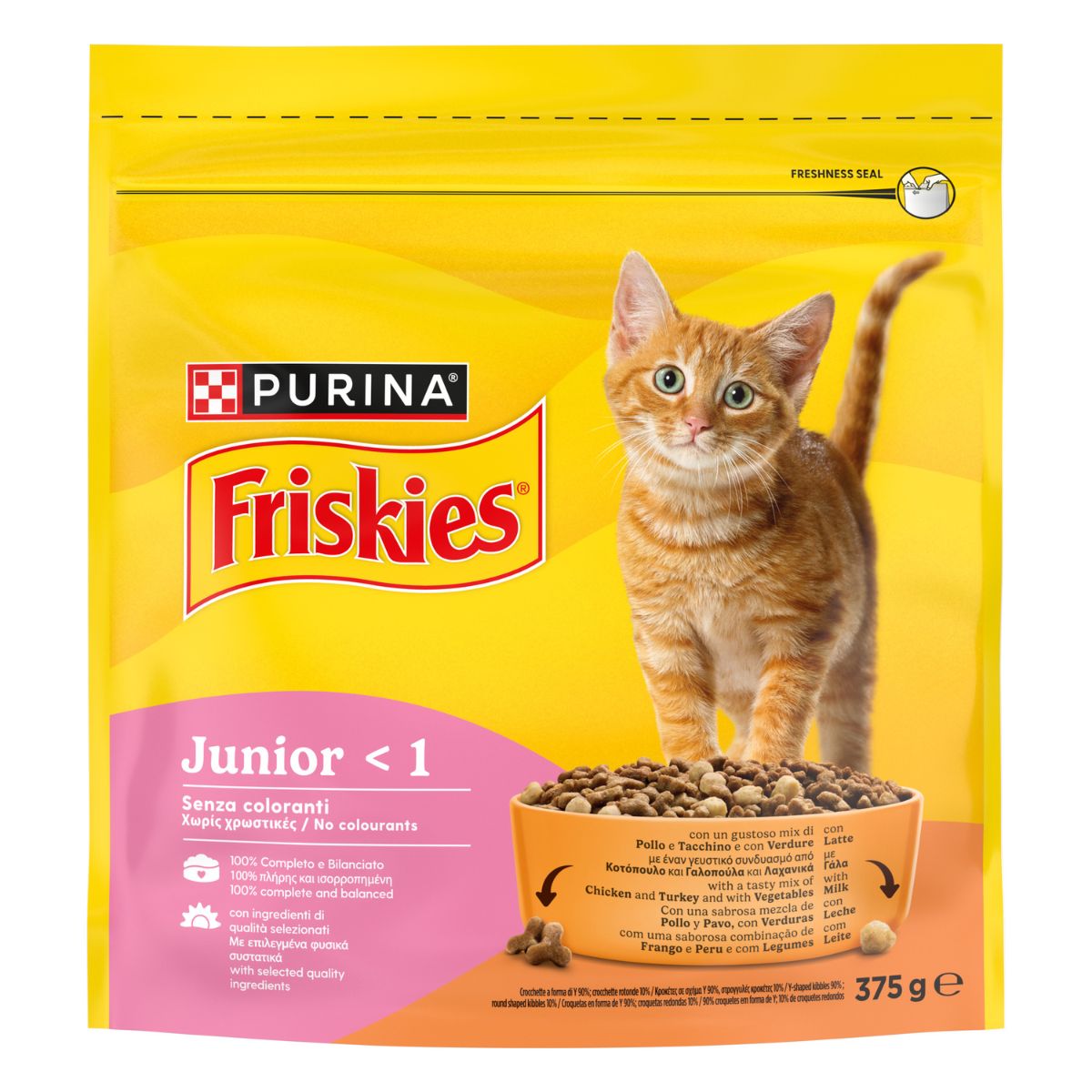 PURINA FRISKIES® Junior con un gustoso mix di Pollo e Tacchino, con Latte e con Verdure in confezione da 375g

