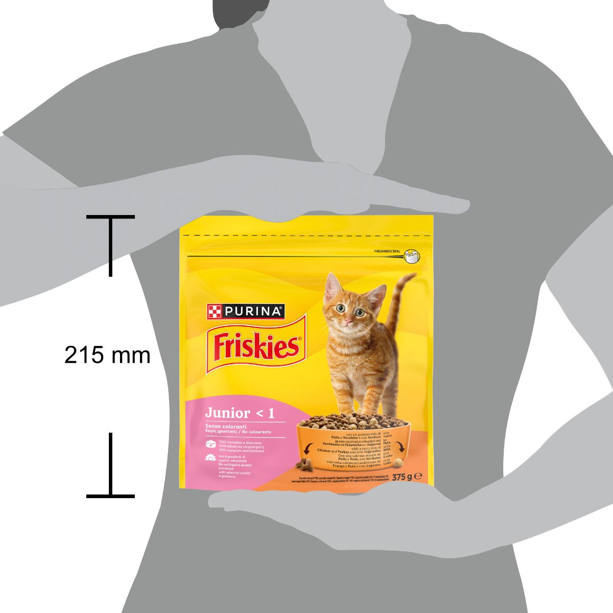 PURINA FRISKIES® Junior con un gustoso mix di Pollo e Tacchino, con Latte e con Verdure in confezione da 375g

