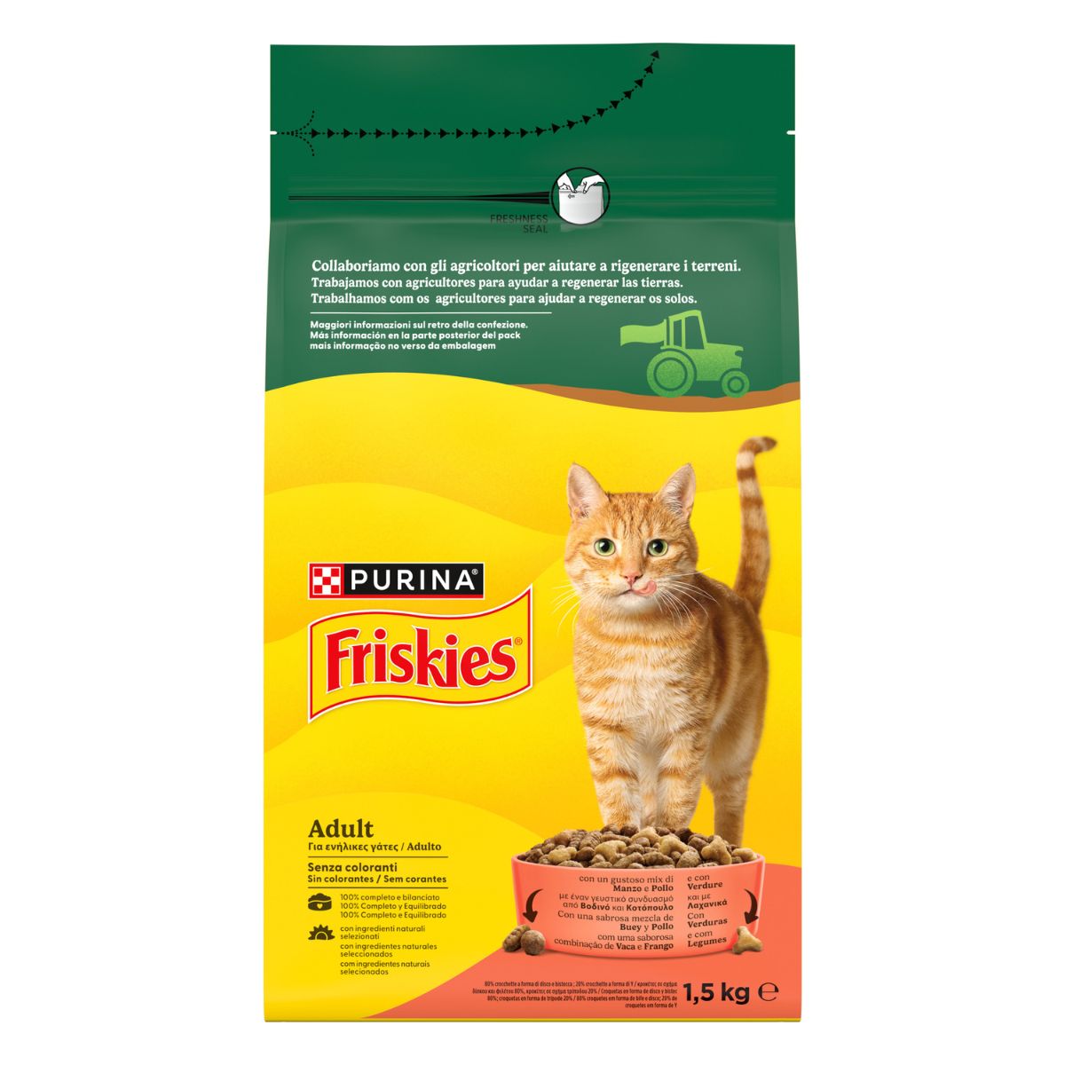 Purina Friskies® Adult con un gustoso mix di Manzo e Pollo e con Verdure in confezione da 1,5kg