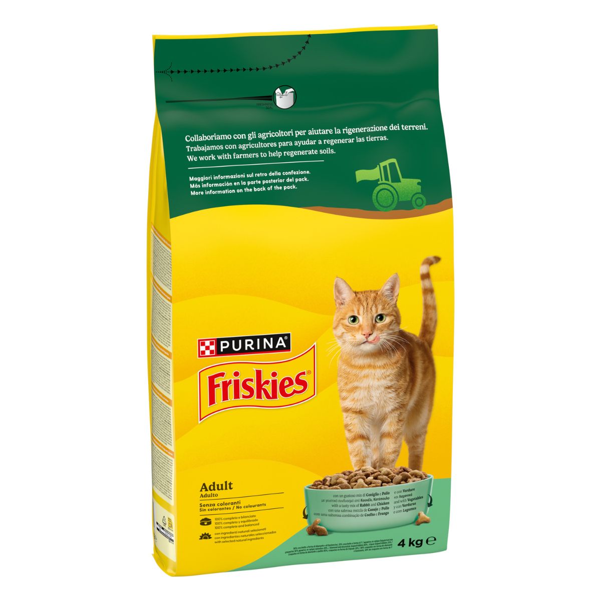 PURINA FRISKIES® Adult con un gustoso mix di Coniglio e Pollo e con Verdure in confezione da 4kg