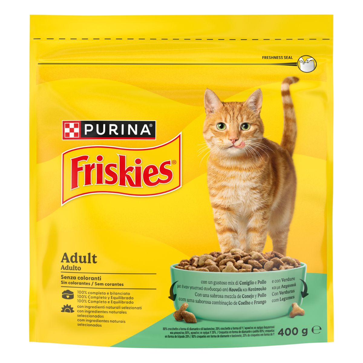 PURINA FRISKIES® Adult con un gustoso mix di Coniglio e Pollo e con Verdure in confezione da 400g

