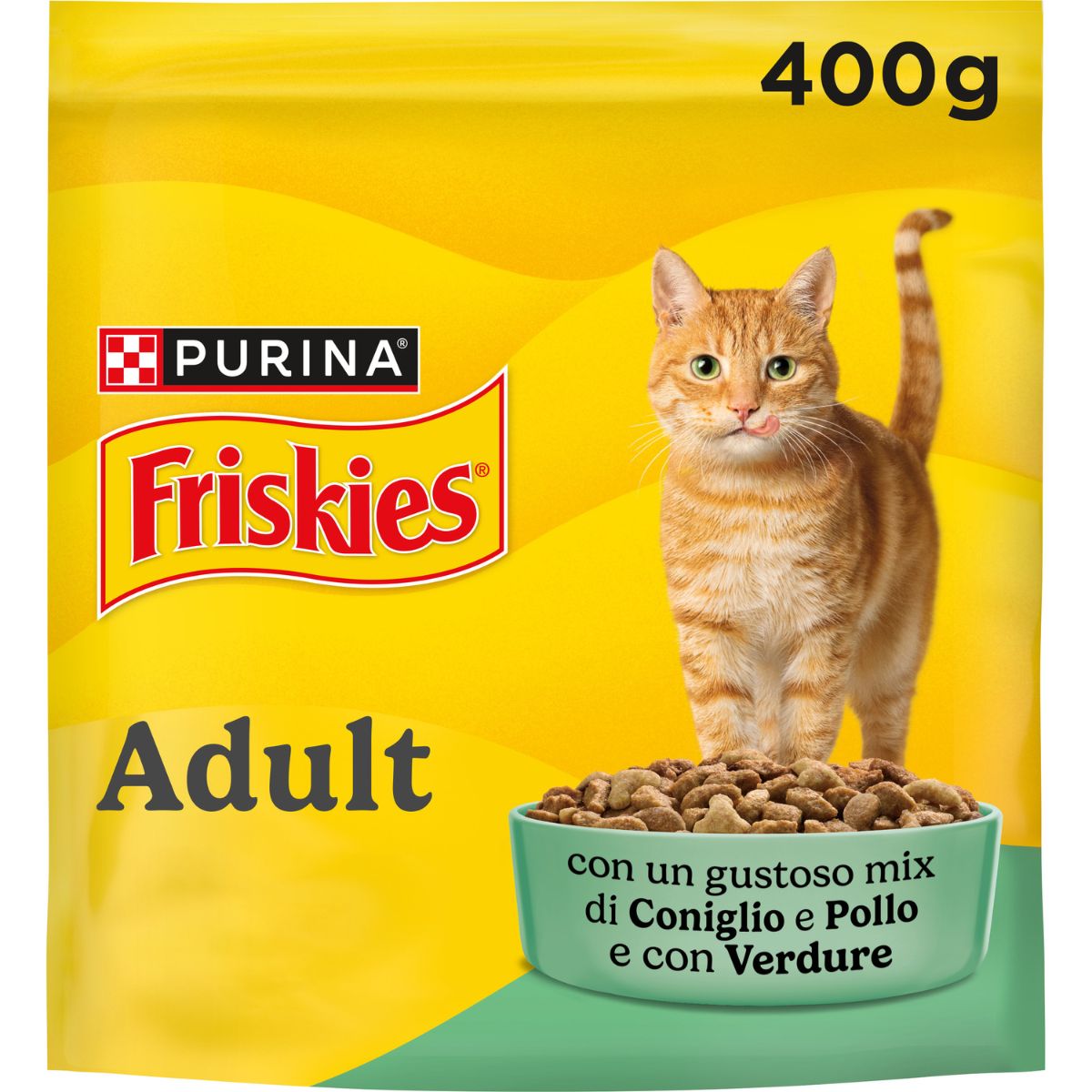 PURINA FRISKIES® Adult con un gustoso mix di Coniglio e Pollo e con Verdure in confezione da 400g

