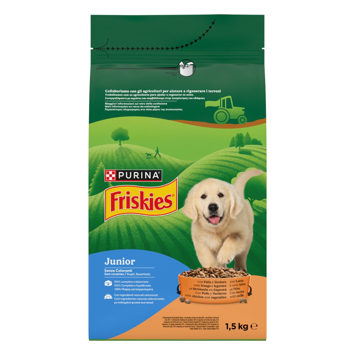 PURINA FRISKIES® Junior crocchette per cani con Pollo, Verdure e con Latte in confezione da 1,5kg