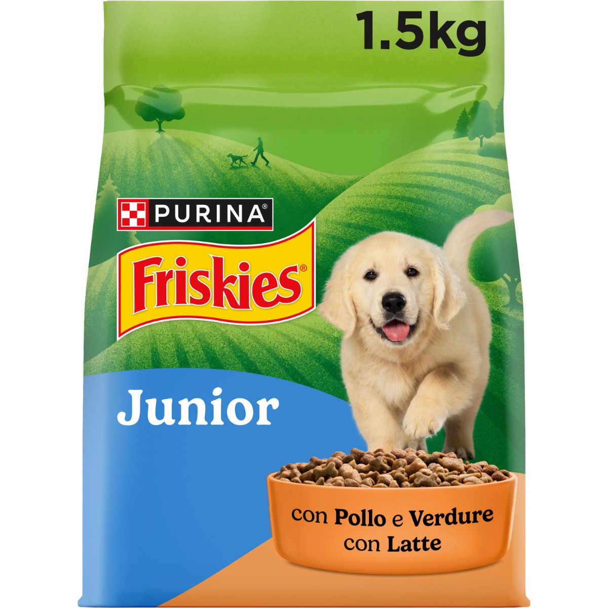 PURINA FRISKIES® Junior crocchette per cani con Pollo, Verdure e con Latte in confezione da 1,5kg