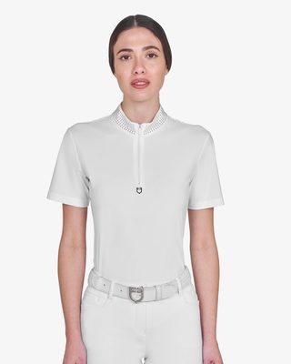 Women's slim fit training polo shirt with zip and collar rhinestones