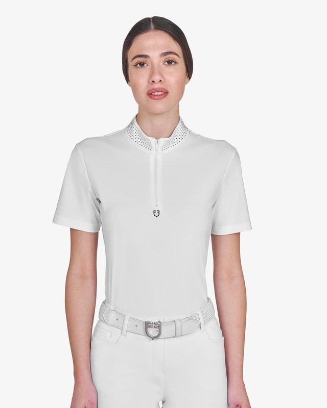 Polo training donna slim fit con zip e strass sul colletto