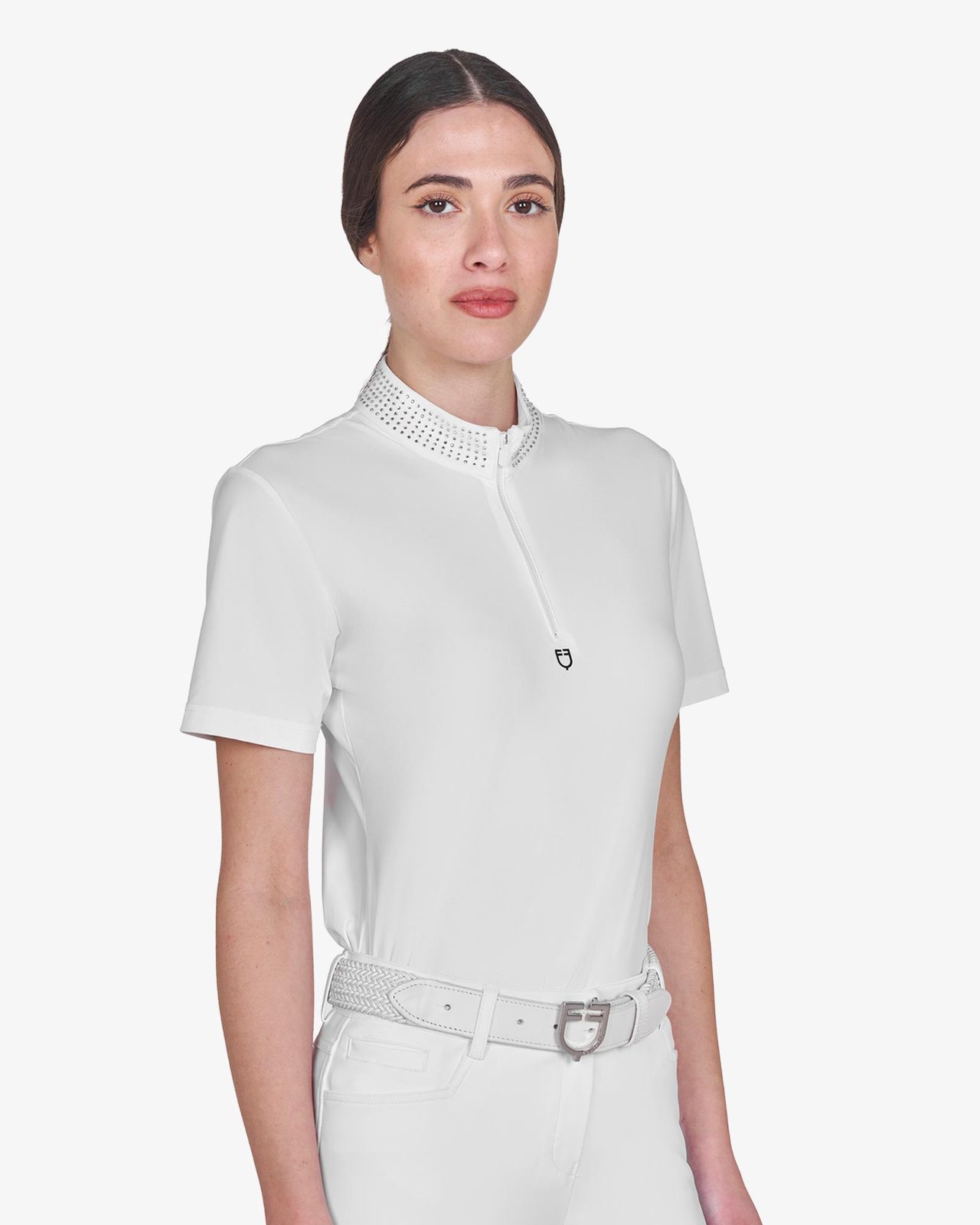 Women's slim fit training polo shirt with zip and collar rhinestones