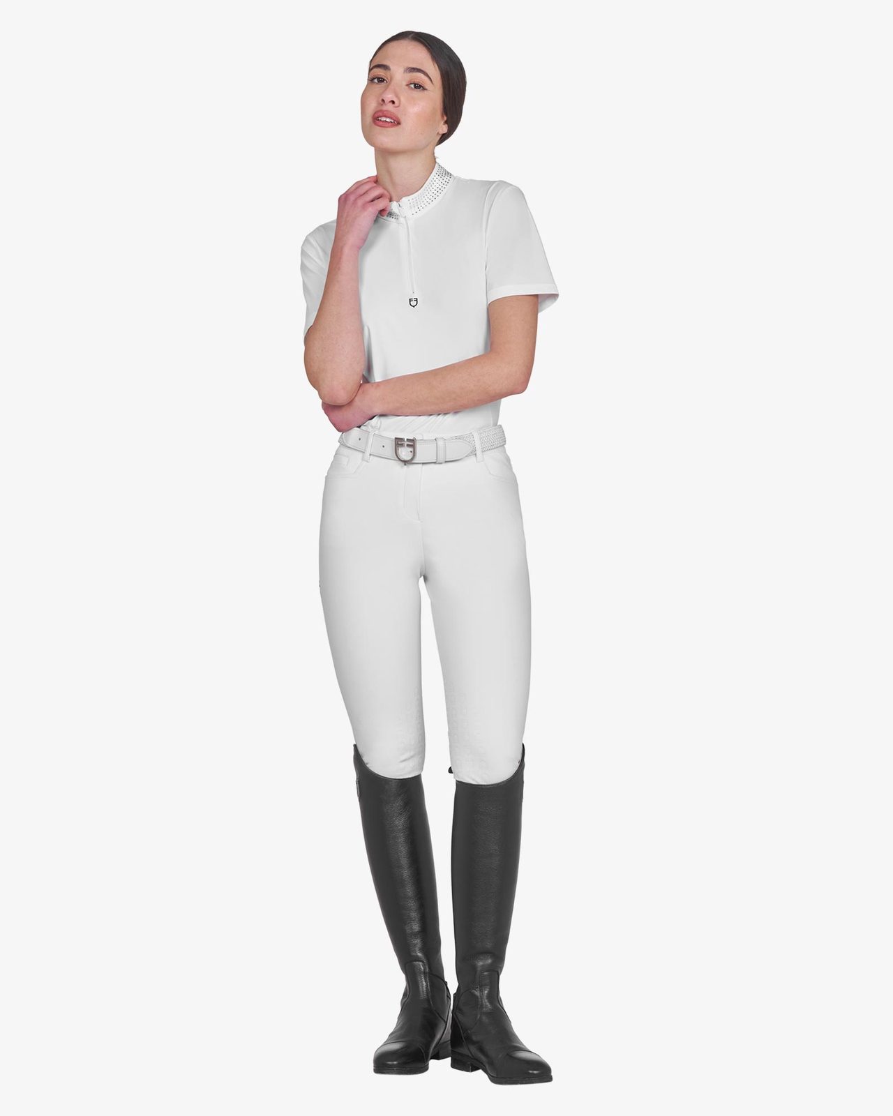 Women's slim fit training polo shirt with zip and collar rhinestones