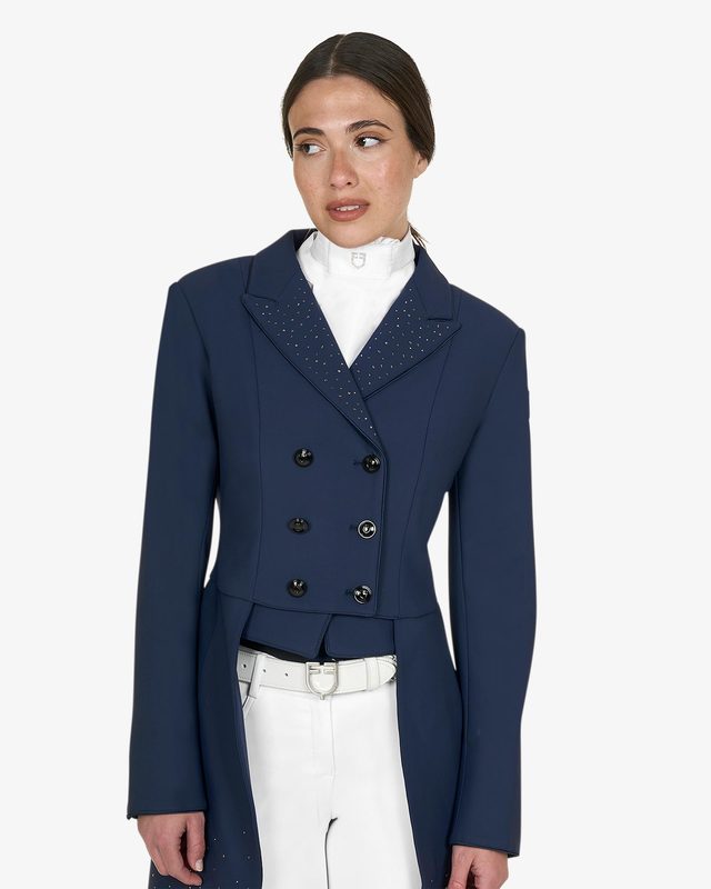 Women's tailocoat in technical fabric with rhinestones