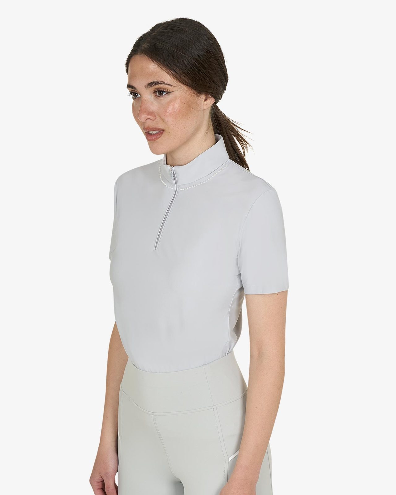 Polo training donna slim fit con zip e perline sul colletto