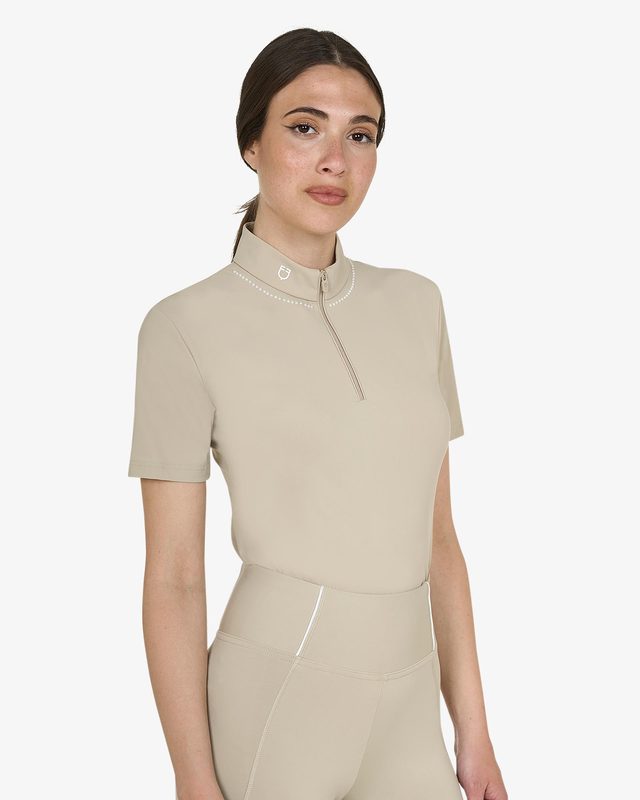 Polo training donna slim fit con zip e perline sul colletto